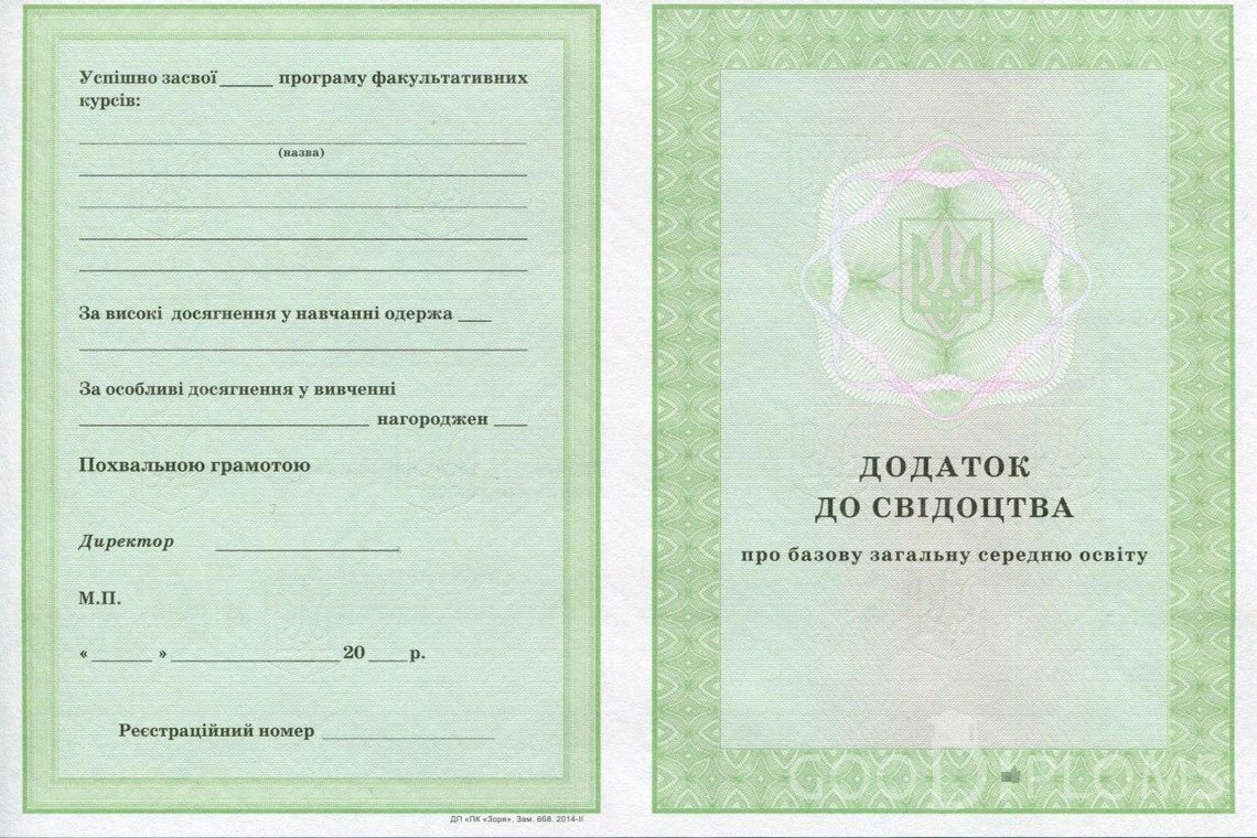 Украинский аттестат за 9 класс - приложение - Житомир