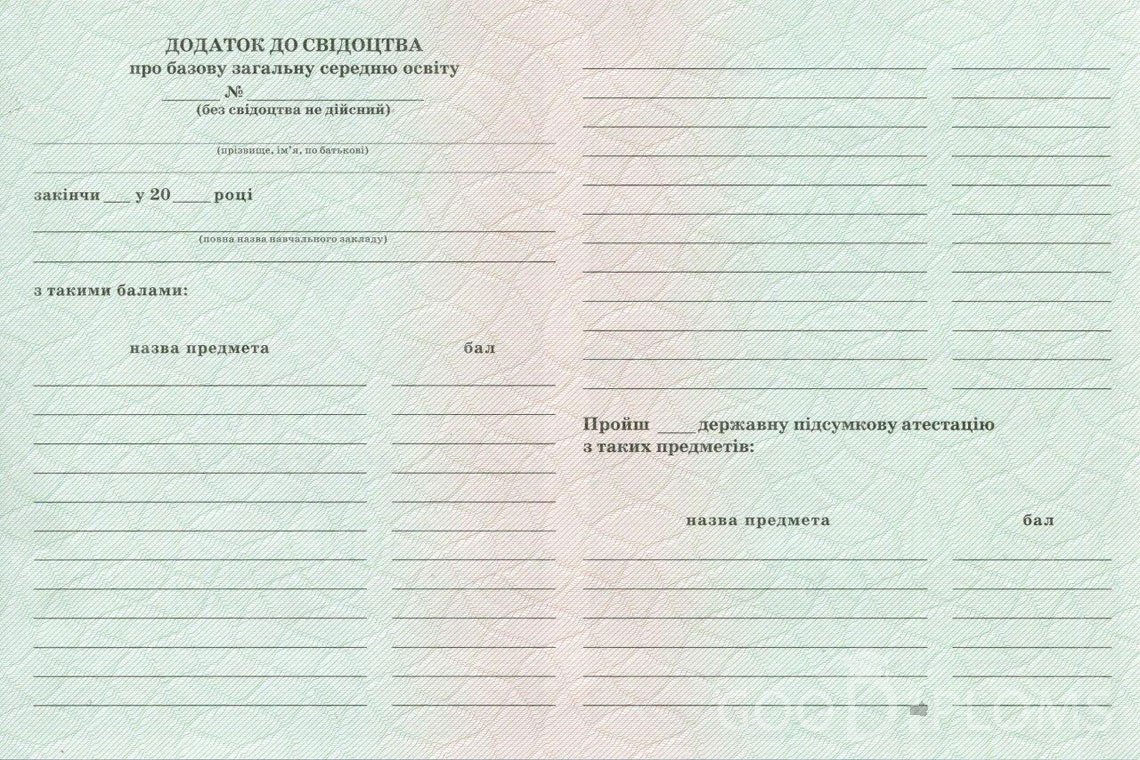 Украинский аттестат за 9 класс - Обратная сторона приложения- Житомир